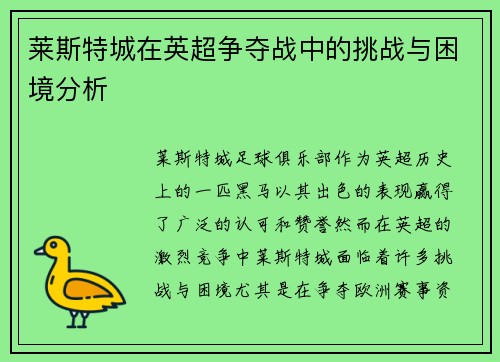 莱斯特城在英超争夺战中的挑战与困境分析
