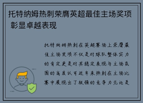 托特纳姆热刺荣膺英超最佳主场奖项 彰显卓越表现