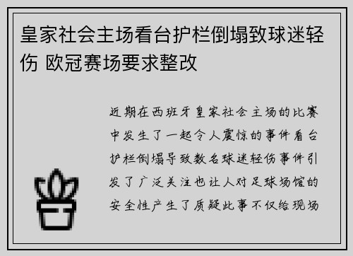 皇家社会主场看台护栏倒塌致球迷轻伤 欧冠赛场要求整改
